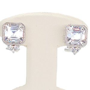 Judith Ripka Asscher Cut Diamonique Stud Earrings Omega Backs Sterling Silver